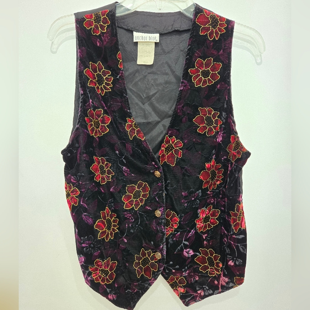 Anchor Blue Vintage Y2K Dark Floral Crushed Velvet Fairy Goth Whimsigoth Vest